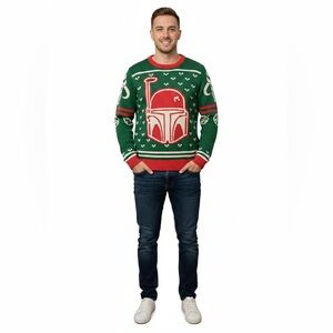 STAR WARS Boba Fett‎ Green Red Winter Sweater Mando Mandalorian